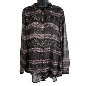 Cabi Women's Sz Med Sheer Black Abstract Print Button Up Long Sleeve  Blouse